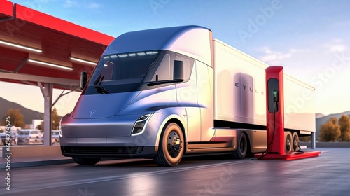 Futuristic Electric Truck At Charging Station. Generative AI © Fly Frames