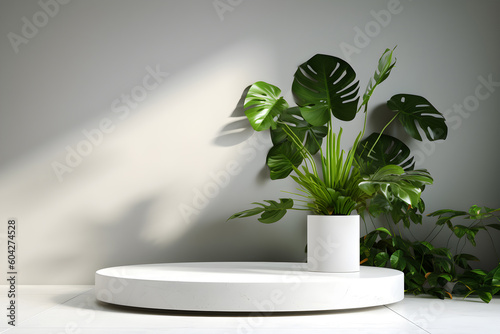 3d render empty space white terrazzo textured podium with monstera leaf house plant. Podium for product shoot. AI Generative Illustration.