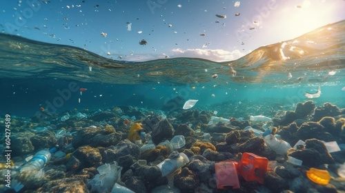 Plastic pollution in ocean. Generative AI