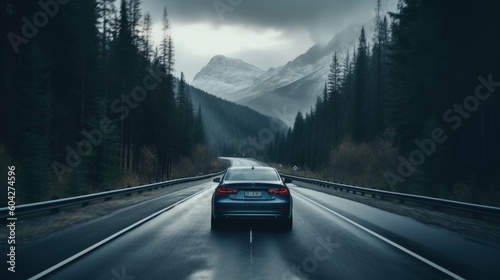 Rear of car driving on highway in the forest with mountain . Generative AI © Fly Frames