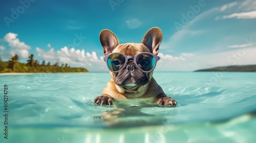 Funny French bulldog in sunglasses swimming in the ocean. Generative AI