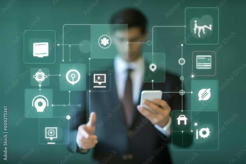 Digital Navigator: A Suited Man Interacting with Social Icons via Smartphone - AI Generative Digital Navigator: A Suited Man Interacting with Social Icons via Smartphone - AI Generative