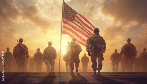USA Army Soldiers Against a Stunning Sunset or Sunrise with USA Flag - Celebrate Veterans Day, Memorial Day, and Independence Day with this Greeting Card