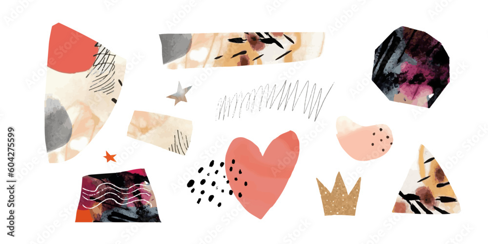 Abstract art elements, watercolor and ink collage pieces of paper and tape. Textured shapes of heart, crown. Zine style for journals and planners. Vector modern minimalist collection.