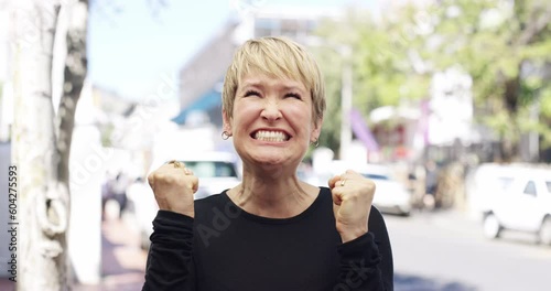 Wallpaper Mural Face, stress and scream with a woman on a camcorder outdoor in a city for crazy expression in the day. Portrait, mental health and shout with a young female person on an urban street to show emotions Torontodigital.ca