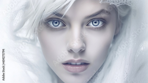 Beautiful model woman with emotive blue eyes. Generative AI