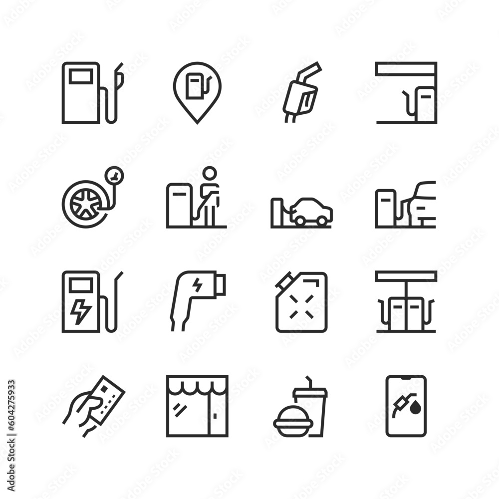 Car Gas Station, linear style icons set. To fill up car with fuel. Various services for the car. Equipment at the gas station. Refuel car, inflate the tires, eat. Editable stroke width Car Gas Station, linear style icons set. To fill up car with fuel. Various services for the car. Equipment at the gas station. Refuel car, inflate the tires, eat. Editable stroke width