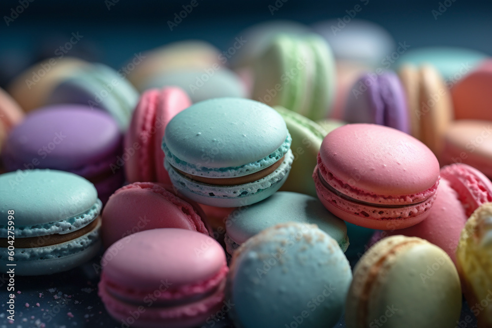 Obraz premium Colorful French macaron sweets. Generative AI illustration