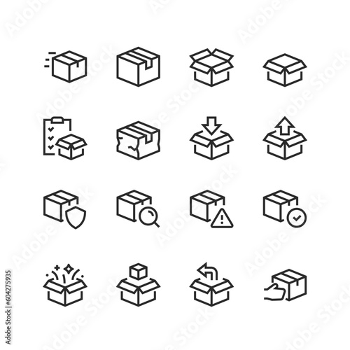 Cardboard box, linear style icons set. Parcel. Packing material made of cardboard. for storage and transportation. Editable stroke width