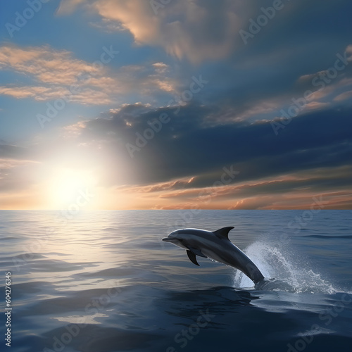 Generative AI, illustrations, dolphin jumping in the sea. © Erda