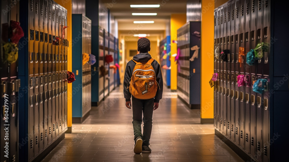 Schoolboy walks down school hallway created with generative AI technology - obrazy, fototapety, plakaty 