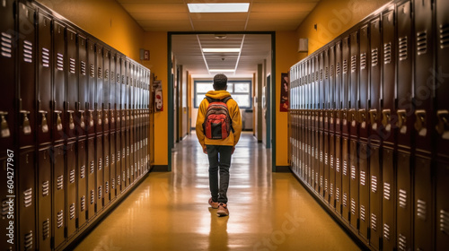Schoolboy walks down school hallway created with generative AI technology