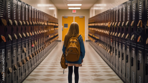 Schoolgirl walks down school hallway created with generative AI technology