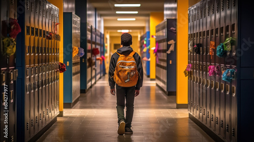 Schoolboy walks down school hallway created with generative AI technology