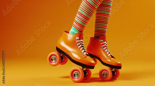 Close up of a woman feet wearing bright Quad Roller Skates created with generative AI technology