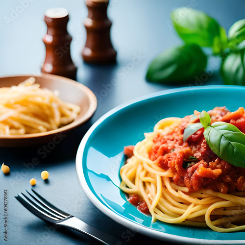 Ai generated photo illustration of high angle of appetizing spaghetti with nudus sauce and green photo