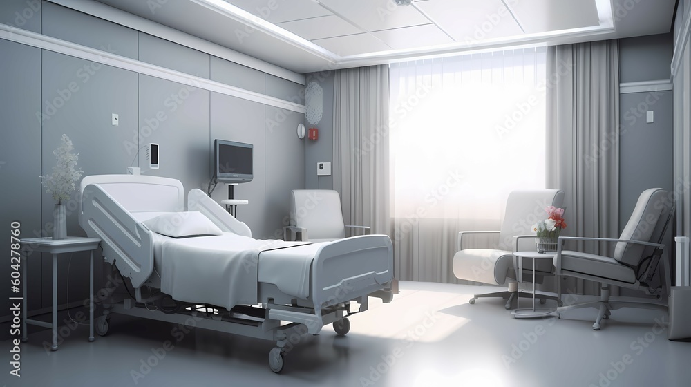 Hospital room with bed and comfortable medical equipped in a modern hospital. Generative AI