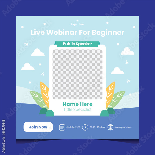 Live webinar social media post template design. Digital banner for marketing, creative event business, conference, public speaker, streaming, and presentation.