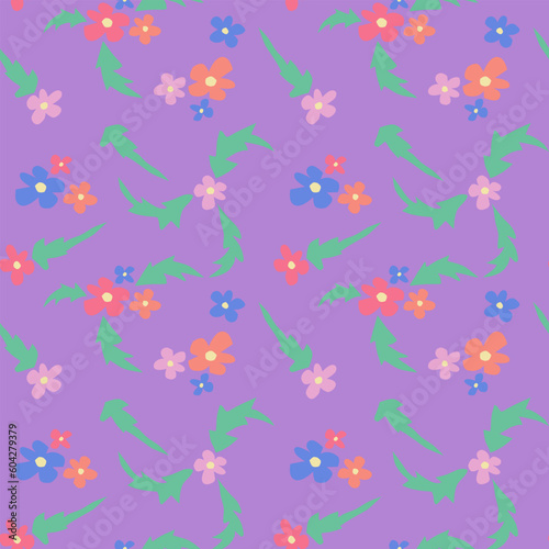 Kids papercraft vector floral seamless pattern. Cutout flat flowers and leaves in pastel colors on violet background. Perfect for kids textile, wallpaper, wrapping paper, background, interior decor