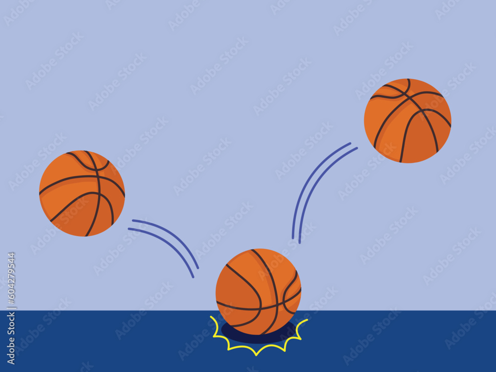 Dribble action step by step vector illustration basketball isolated on blue horizontal wall and floor background. Simple flat sports themed drawing.
