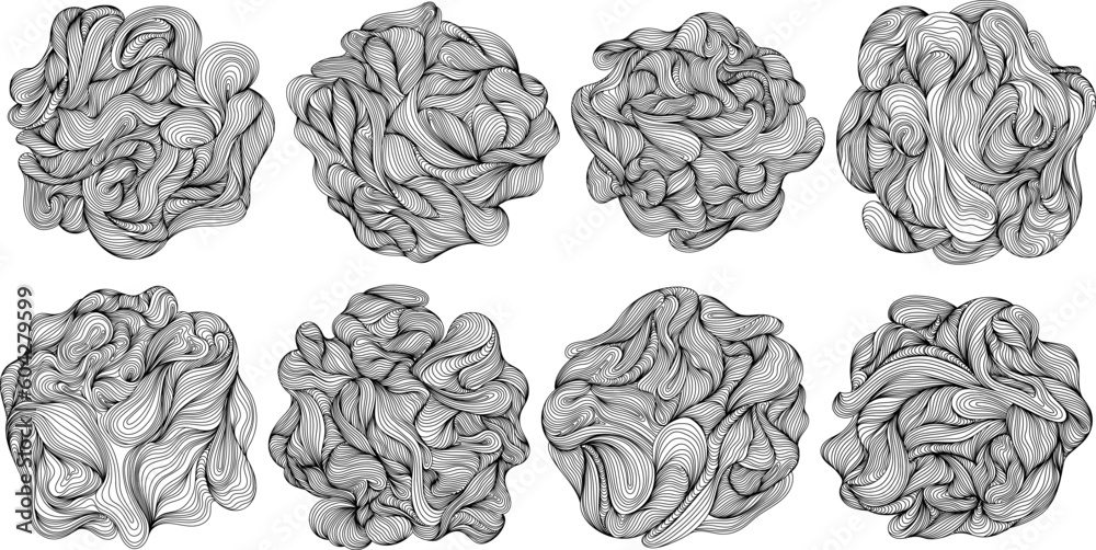 Abstract tree rings outline set. Topographic map concept collection. Thin black lines on white.