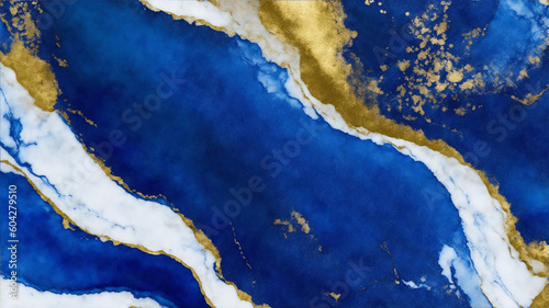 Abstract background of alcohol ink indigo navy-blue gold and blue marbling, generative ai