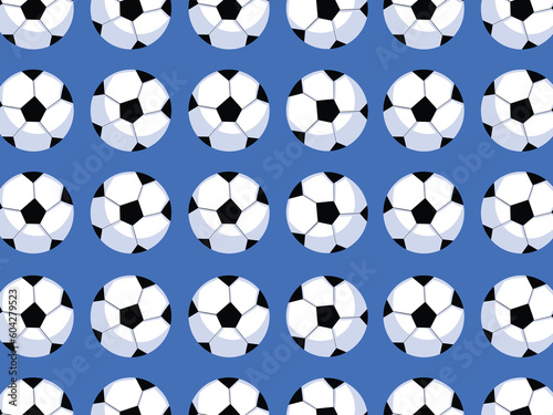 Soccer balls pattern vector illustration isolated on horizontal blue background. Simple flat sports themed drawing.