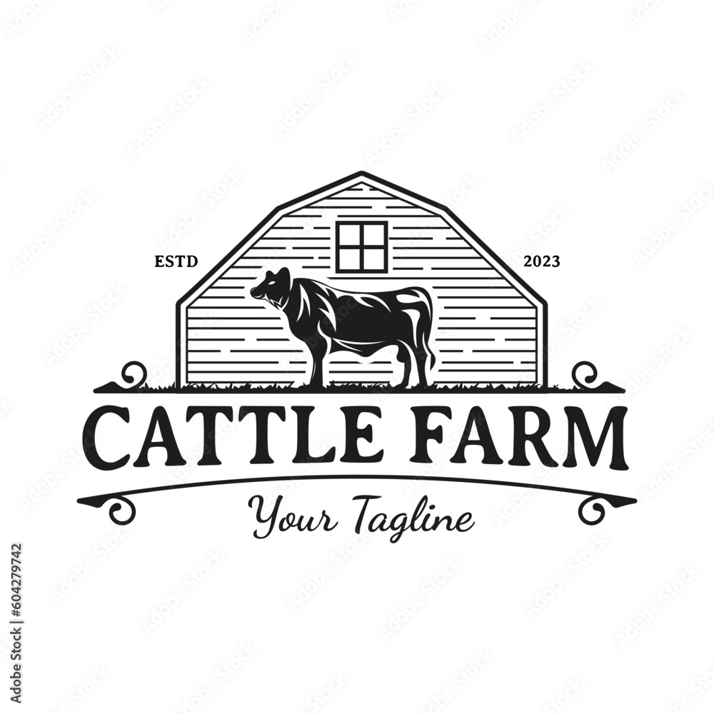 Country western classic ranch logo with cows and barn in vintage style.