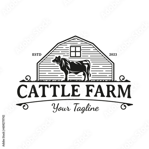 Country western classic ranch logo with cows and barn in vintage style.