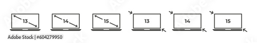 Laptop diagonal screen size. 13 14 15 inches screen size. Vector illustration.