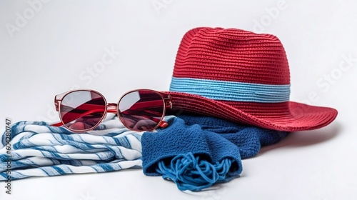Beach accessories. Straw hat, towel and sunglasses on white background. Generative AI.
