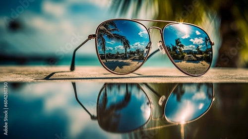 Sunglasses with reflection on the beach - vintage effect style pictures. Generative AI.