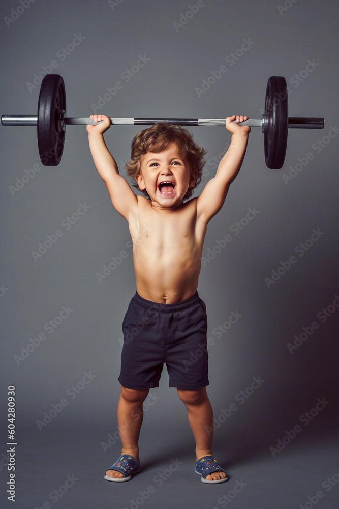 A little girl with a happy expression expressing joy, lifts a heavy barbell - ai generative A little girl with a happy expression expressing joy, lifts a heavy barbell - ai generative