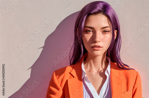 Young woman with purple hair in jacket. Portrait of beautiful female with bright image. Generative AI. photo