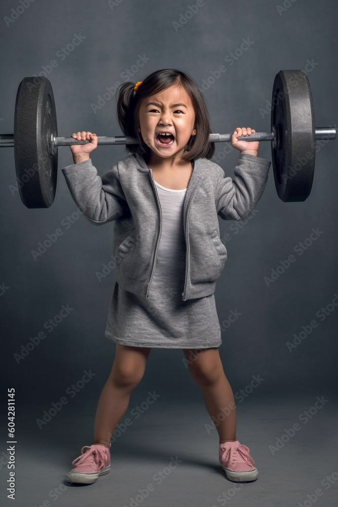 A little girl with a angry expression expressing strength, lifts a heavy barbell - ai generative A little girl with a angry expression expressing strength, lifts a heavy barbell - ai generative