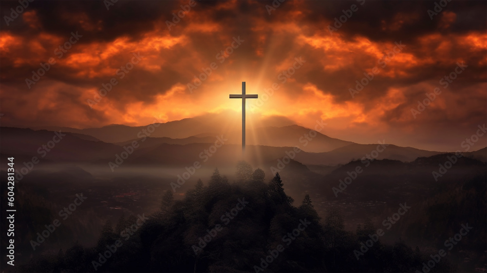 Concept of spirituality and religion. Holy cross with landscape and sunset in the background. Generative AI Concept of spirituality and religion. Holy cross with landscape and sunset in the background. Generative AI