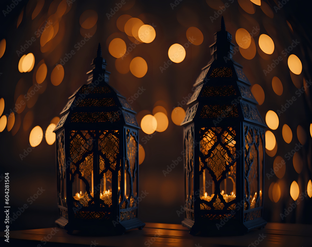 candles in the church,Original traditional ornate oriental lantern with beautiful bokeh of holiday lights,AI generated