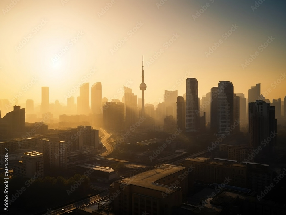 Generic large city in the sunset with fog