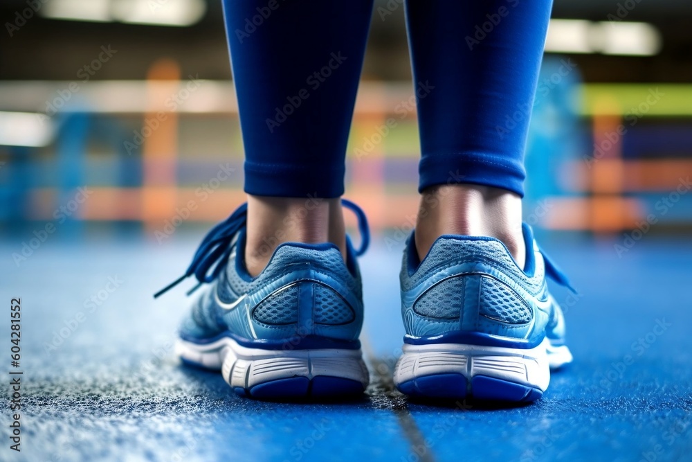 Blue sneakers close-up, focusing on feet in gym shoes. AI
