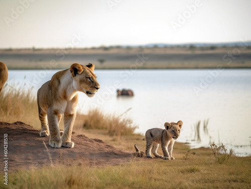 Lioness with her baby walking along a waterhole