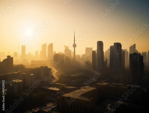 Generic large city in the sunset with fog