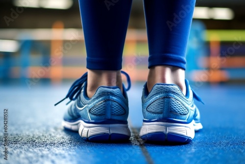 Blue sneakers close-up, focusing on feet in gym shoes. AI