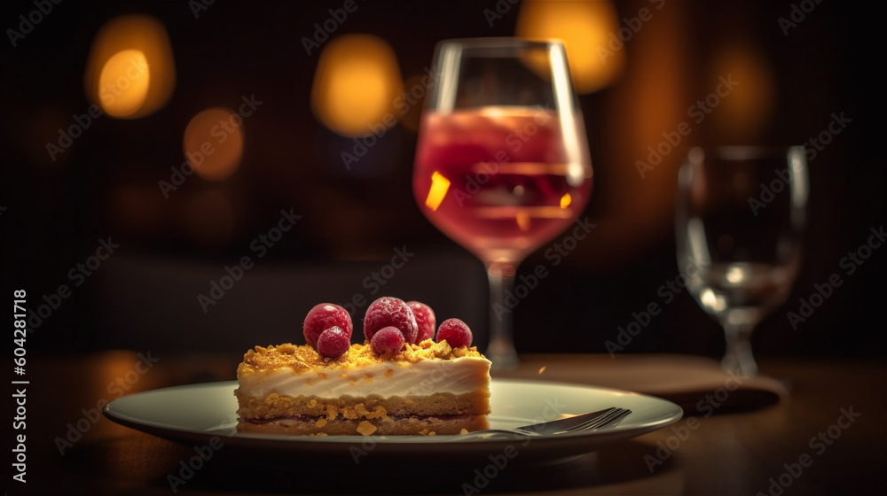 Closeup of cider drink and cake on restaurant table