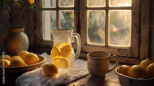 Lemonade drink in a jar glass. Generative AI