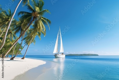Tropical Paradise Palm Trees, White Sand Beach, Blue Sky, Sailboat on Exotic Island. AI