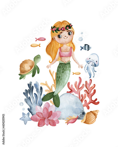 Watercolor composition with seaweeds,sea creatures,little mermaid and corals.Underwater collection.Perfect for baby shower,wedding,greeting cards,nursery,invitations,birthday,party,wedding