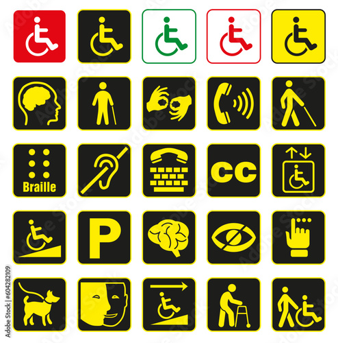 Yellow square disability icons set. Icons of mental, physical, sensory, intellectual deviations.