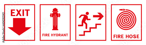 The signs contain symbols of a fire hydrant and also show an emergency exit in case of fire. photo