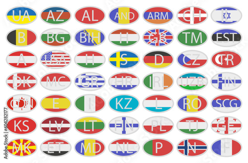 Oval sticker of EU countries and not only with a white border. With country code and country flag.