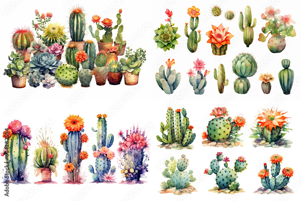 Fototapeta premium Watercolor Cactus Plants created with Generative AI technology